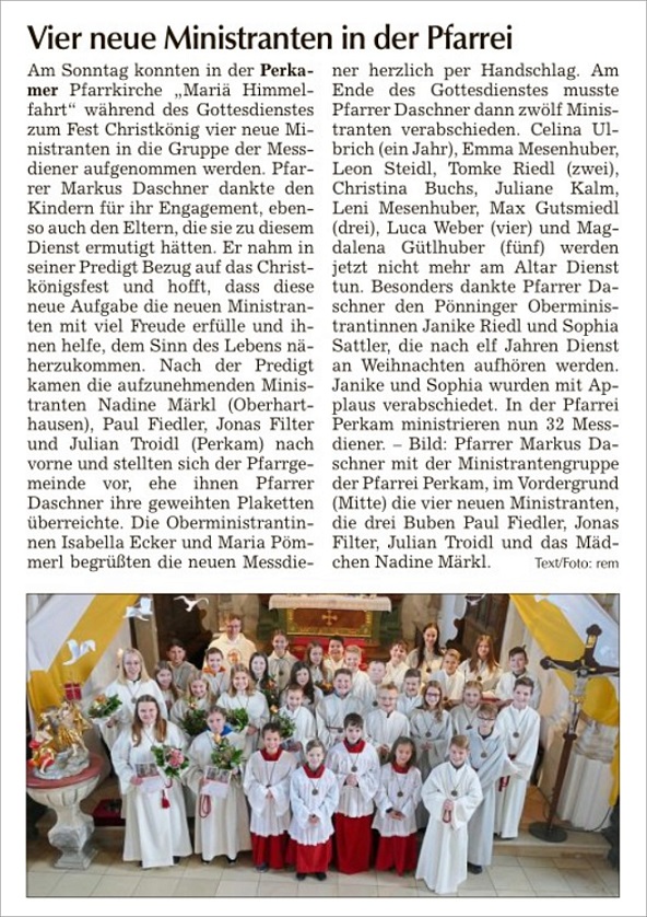 Neue Mininstranten Zeitungsbericht