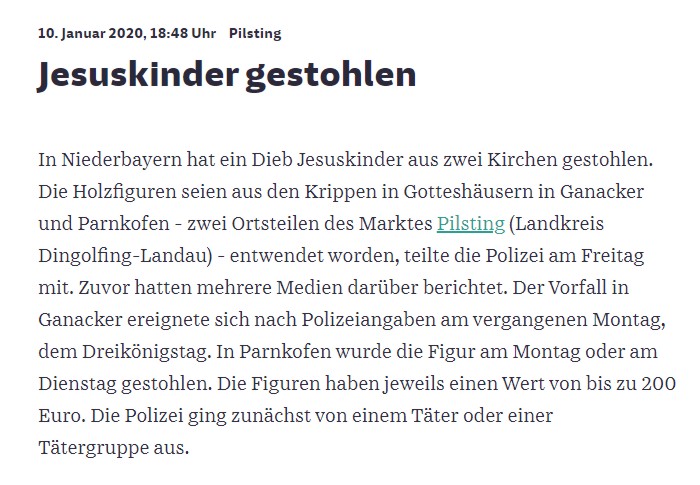 Jesukind gestohlen Meldung in Süddeutscher Zeitung