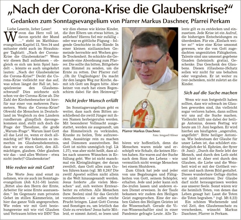 2020 06 13 Straubinger Tagblatt Nach der CoronaKrise die Glaubenskrise