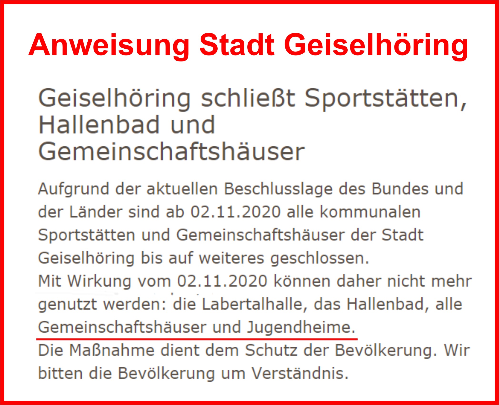 Gemeisnchaftshaus geschlossen