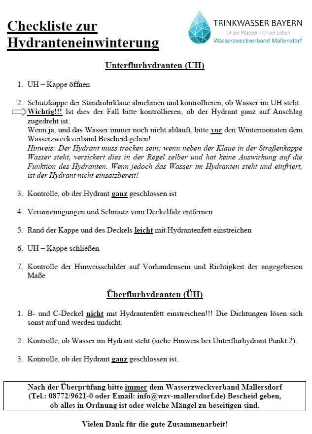 Checkliste Hydranteneinwinterung