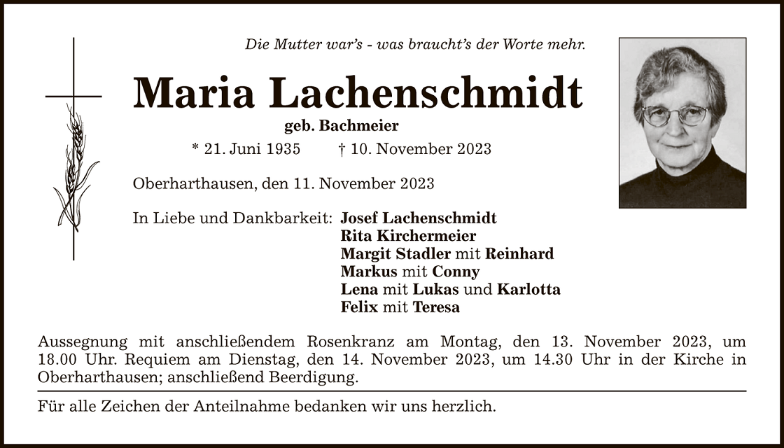 Todesanzeige Maria Lachenschmidt