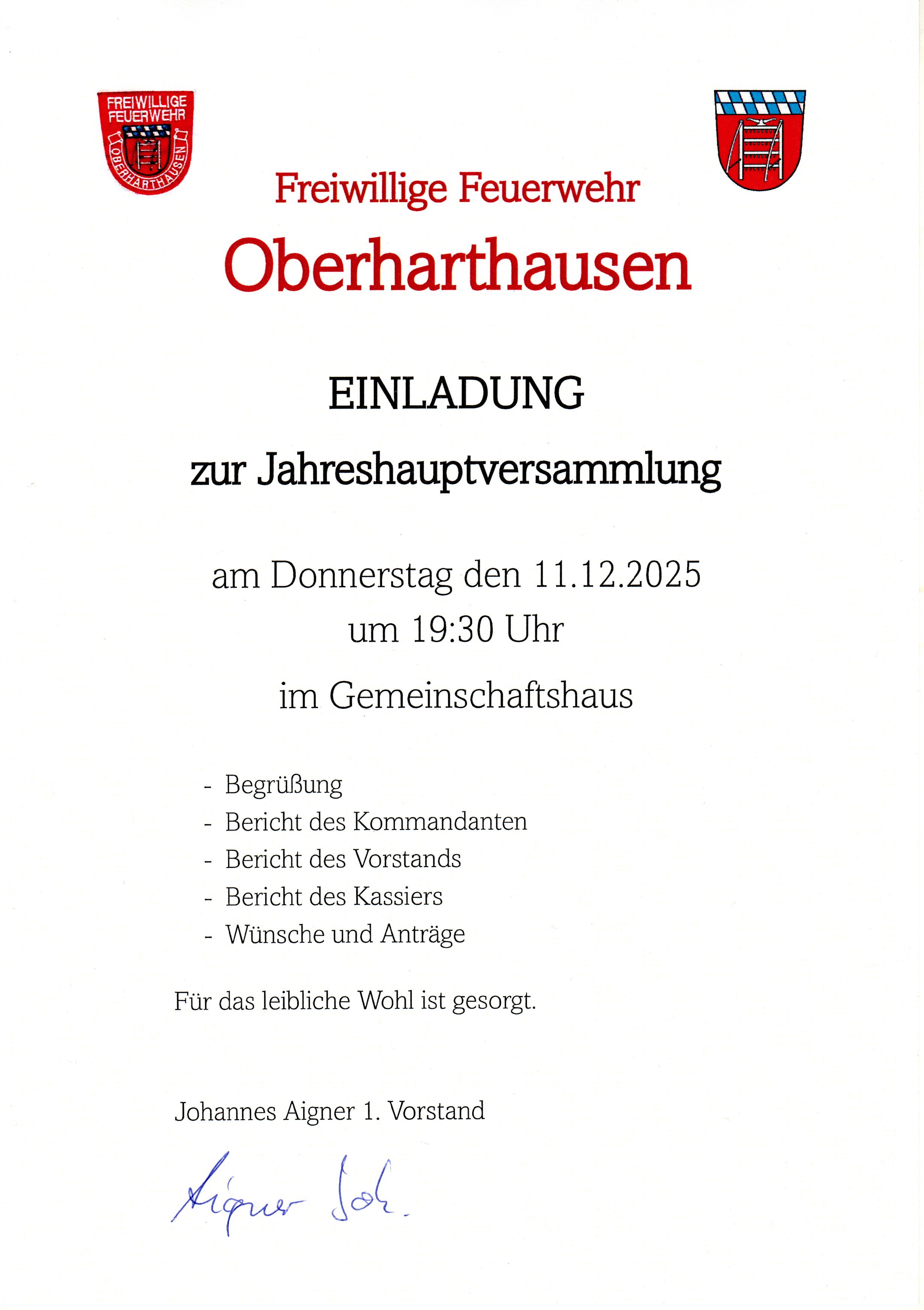 Einladung FFW Versammlung
