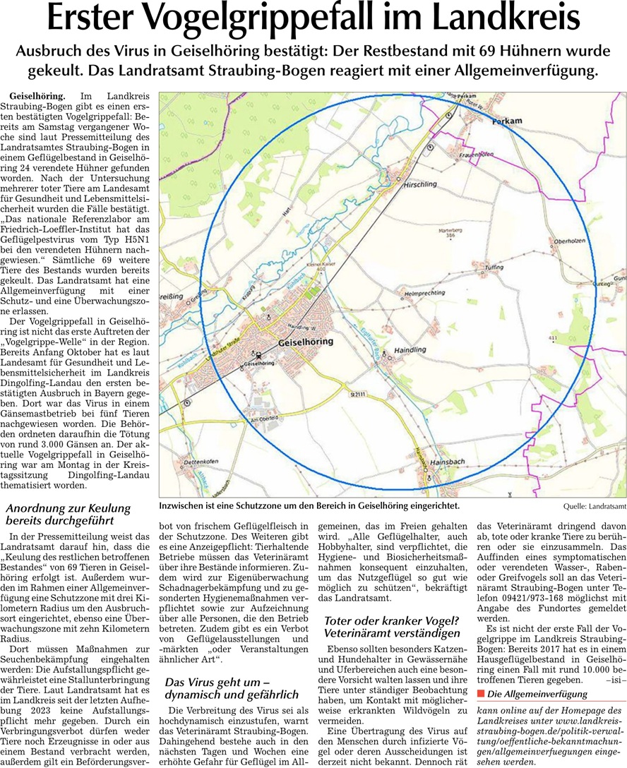 2025 11 11 Straubinger Tagblatt Erster Vogelgrippefall im Landkreis