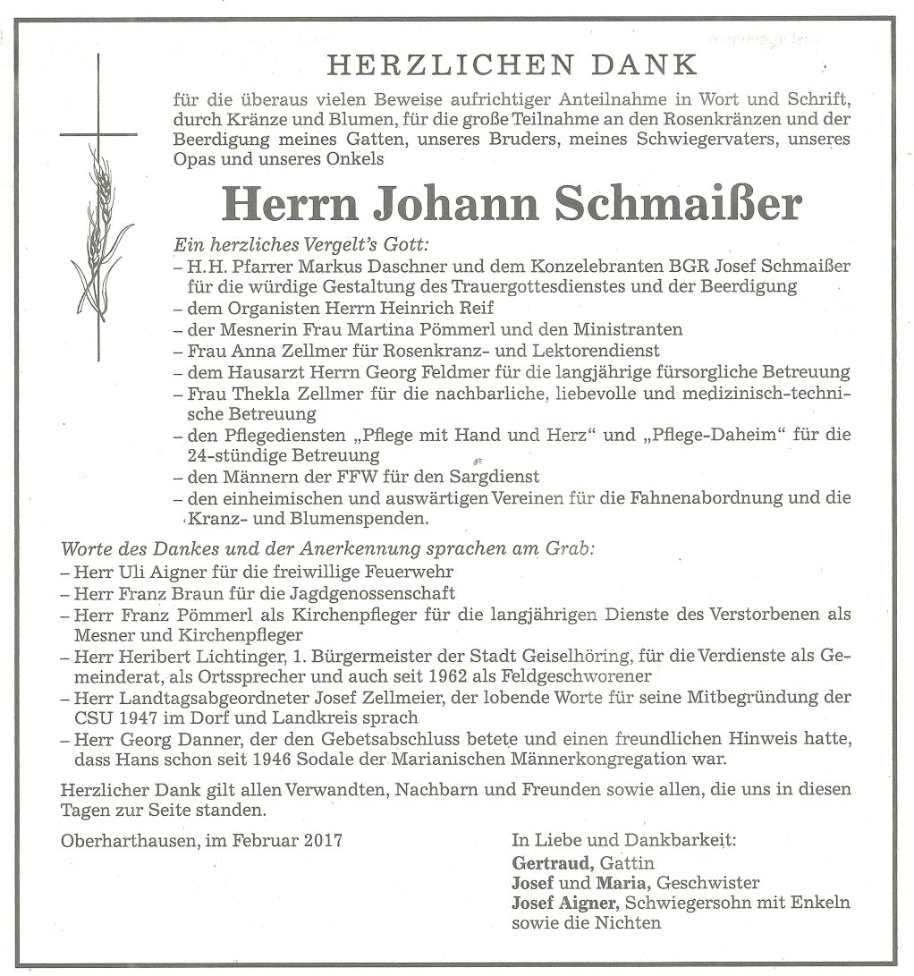 Danksagung Familie Schmaißer
