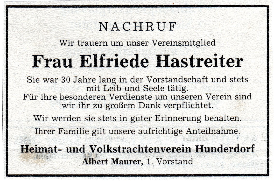 Hastreiter Elfriede Nachruf Trachten