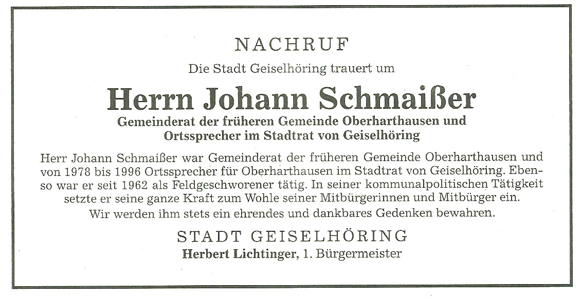 Nachruf Schmaißer Stadt Geiselhöring